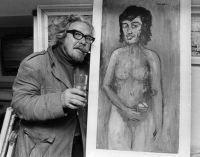 isherwood-with-his-painting-of-george-best-with-breasts